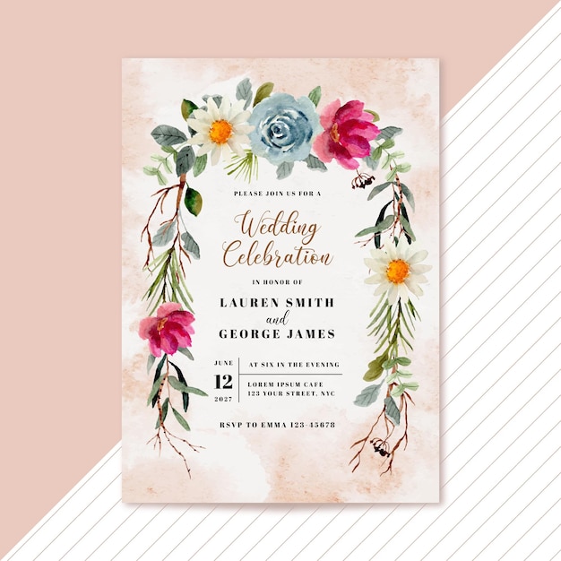 Vettore gratuito invito a nozze con cornice floreale acquerello vintage