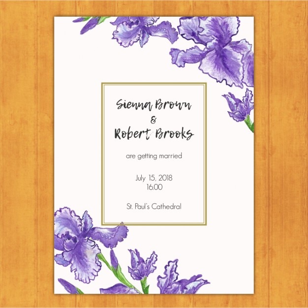 Free vector wedding invitation with violet flowers