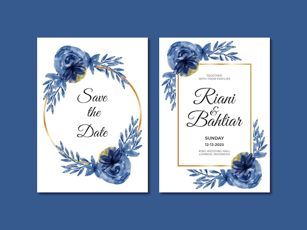 水彩の青い花と結婚式の招待状 Premiumベクター