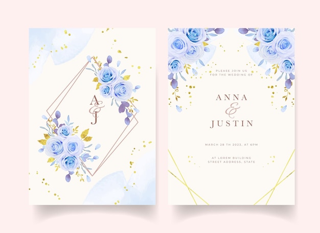 水彩の青いバラの結婚式の招待状