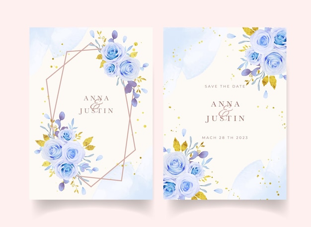 水彩の青いバラの結婚式の招待状