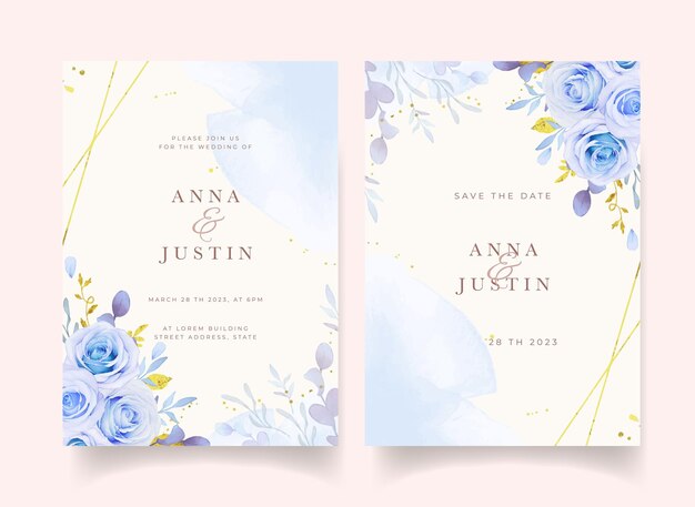 Wedding invitation with watercolor blue roses