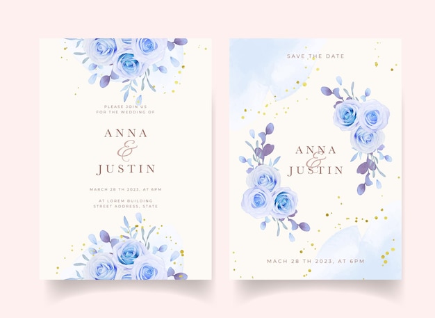 Free vector wedding invitation with watercolor blue roses