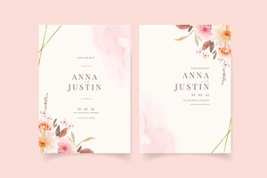 wedding invitation with watercolor dahlias and rose
