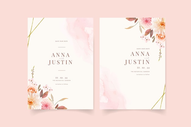 Wedding invitation with watercolor dahlias and rose