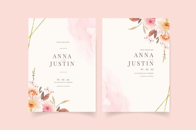 Wedding invitation with watercolor dahlias and rose