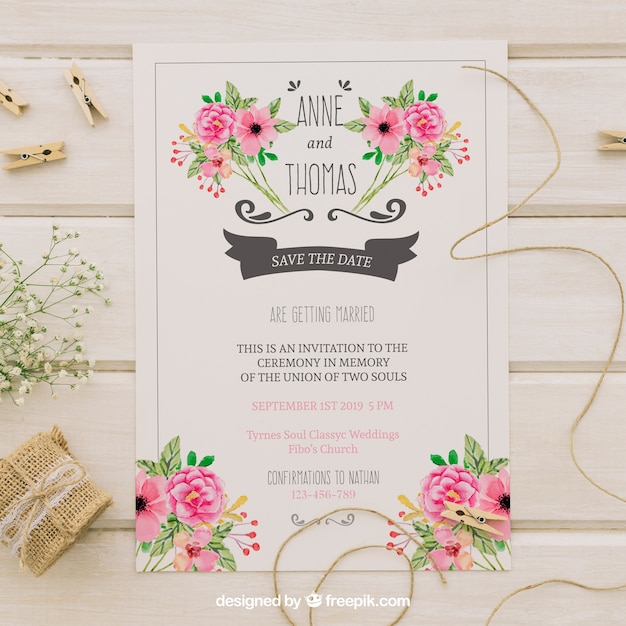 Wedding invitation with watercolor flowers