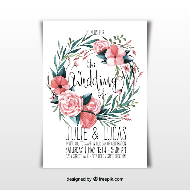 Wedding invitation with watercolor flowers