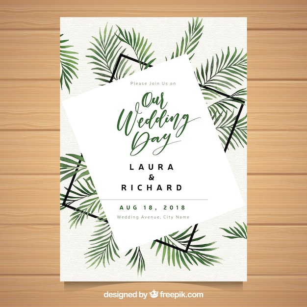 Free vector wedding invitation with watercolor palm leaves