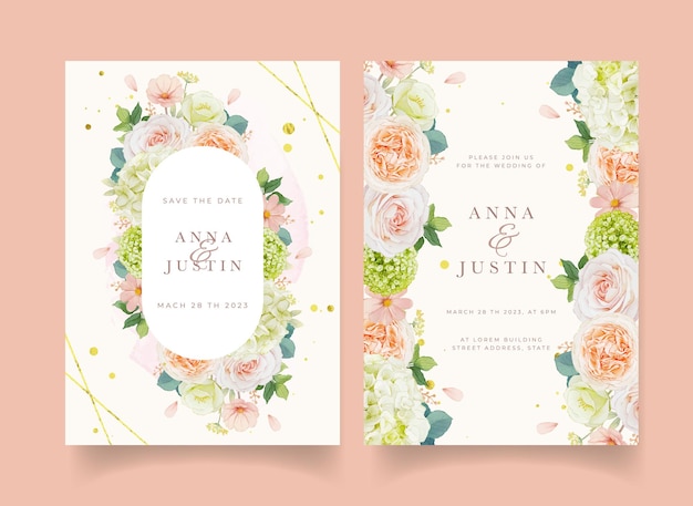 Free vector wedding invitation with watercolor peach roses and hydrangea flower