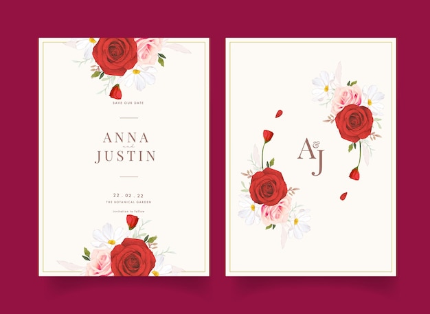 Free vector wedding invitation with watercolor pink and red roses