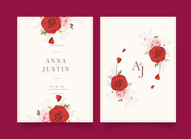 水彩ピンクと赤のバラの結婚式の招待状