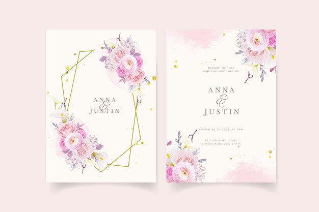 Free vector wedding invitation with watercolor pink rose  lily  and ranunculus flower