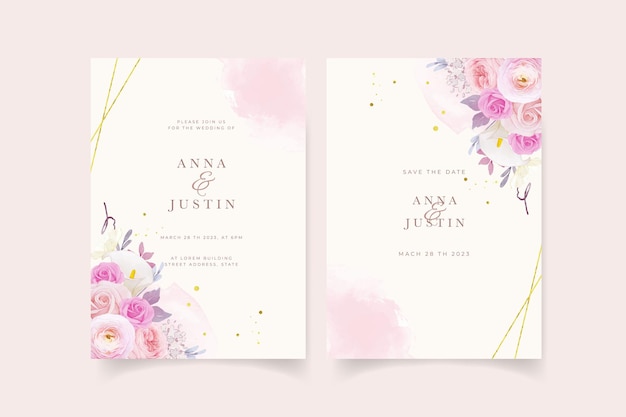 Wedding invitation with watercolor pink rose  lily  and ranunculus flower