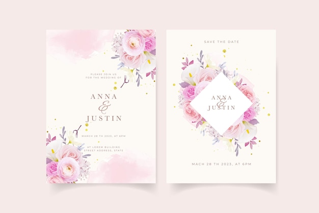 Free vector wedding invitation with watercolor pink rose  lily  and ranunculus flower