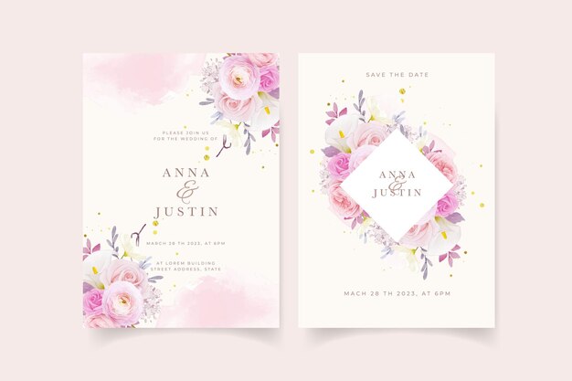 水彩ピンクのバラのユリとラナンキュラスの花の結婚式の招待状