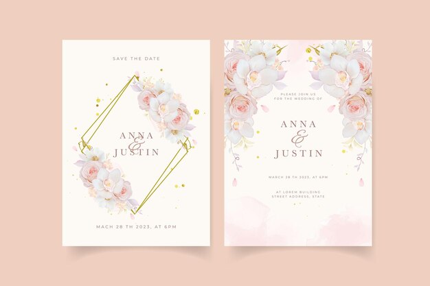 Приглашение на свадьбу с акварельной розовой орхидеей и цветком анемона