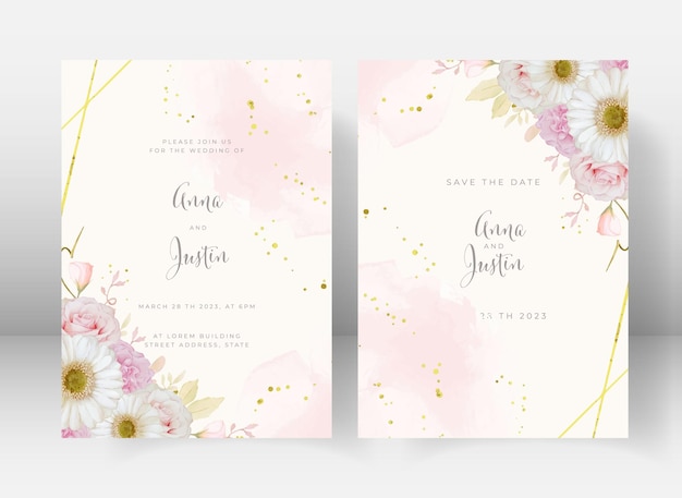 Free vector wedding invitation with watercolor pink rose and white gerbera flower