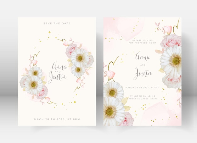 Free vector wedding invitation with watercolor pink rose and white gerbera flower