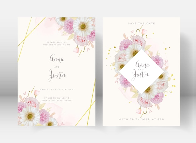 Free vector wedding invitation with watercolor pink rose and white gerbera flower