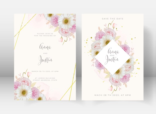 水彩ピンクのバラと白いガーベラの花と結婚式の招待状