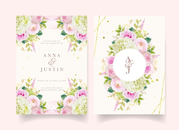 水彩​ピンク​の​バラ​と​アジサイ​の​結婚式​の​招待状