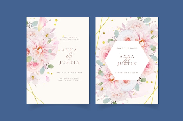 Wedding invitation with watercolor pink roses  dahlia and lily flower