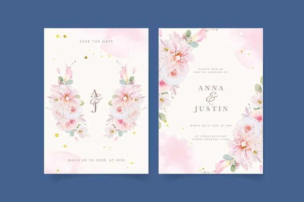 Wedding invitation with watercolor pink roses  dahlia and lily flower