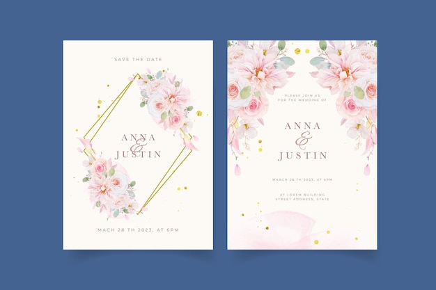 Free vector wedding invitation with watercolor pink roses  dahlia and lily flower