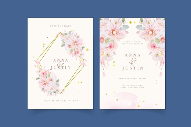 水彩ピンクのバラダリアとユリの花の結婚式の招待状