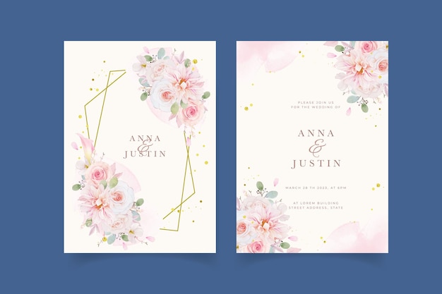 Приглашение на свадьбу с акварельными розовыми розами георгином и цветком лилии