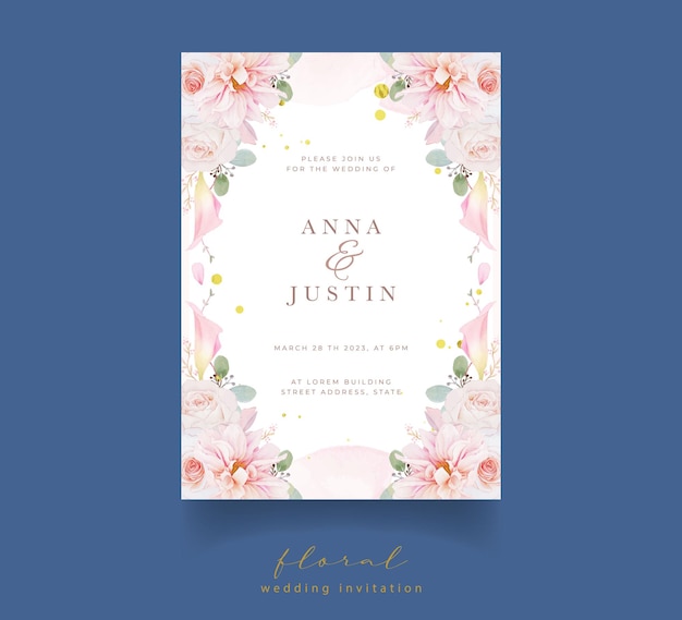 Wedding invitation with watercolor pink roses  dahlia and lily flower