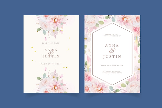 Wedding invitation with watercolor pink roses  dahlia and lily flower