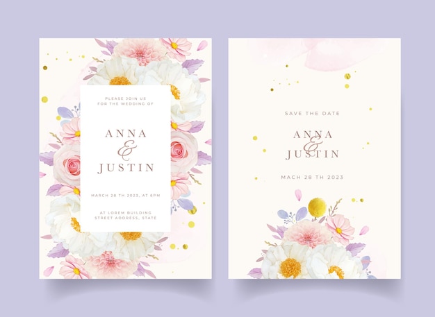 水彩ピンクのバラダリアと牡丹の花の結婚式の招待状
