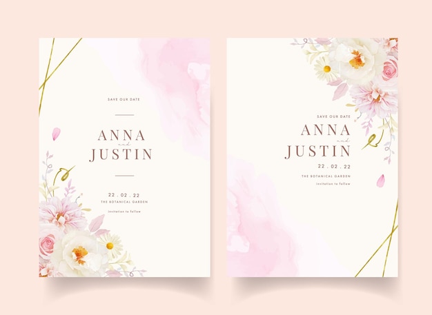 Wedding invitation with watercolor pink roses dahlia and white peony