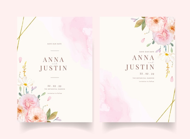 Free vector wedding invitation with watercolor pink roses and dahlia