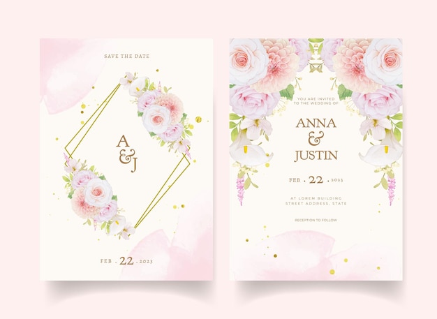 水彩ピンクのバラとダリアの結婚式の招待状
