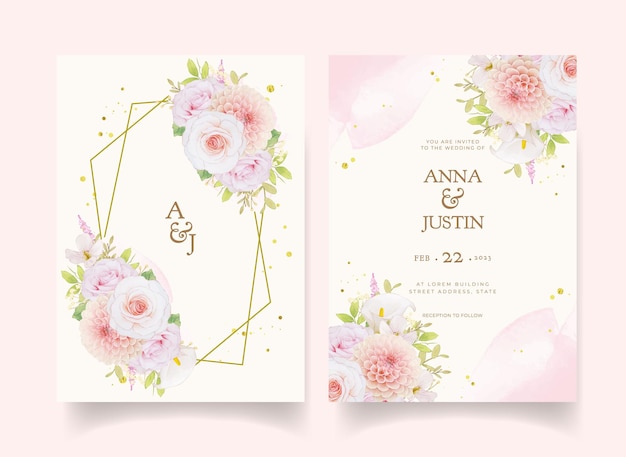 Wedding invitation with watercolor pink roses and dahlia