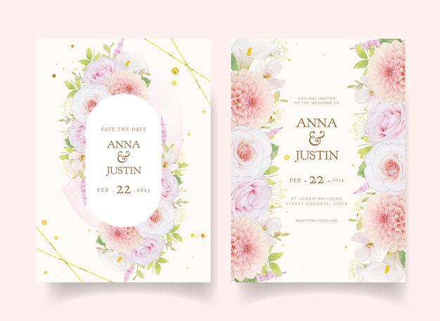 Wedding invitation with watercolor pink roses and dahlia Premium Vector