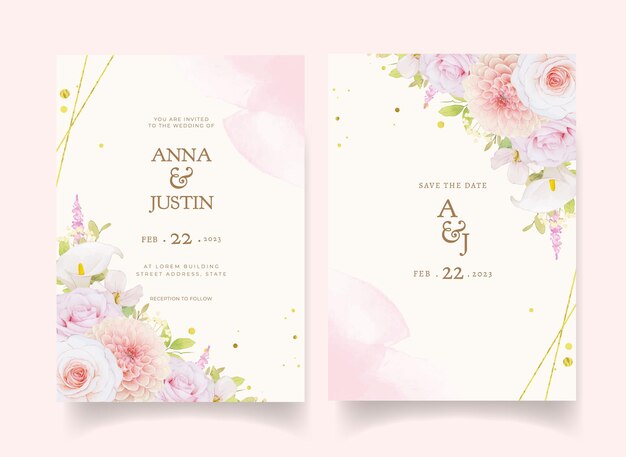 Wedding invitation with watercolor pink roses and dahlia