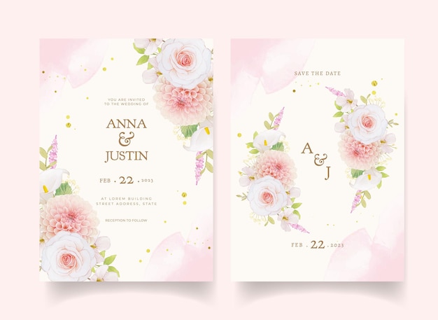 水彩ピンクのバラとダリアの結婚式の招待状