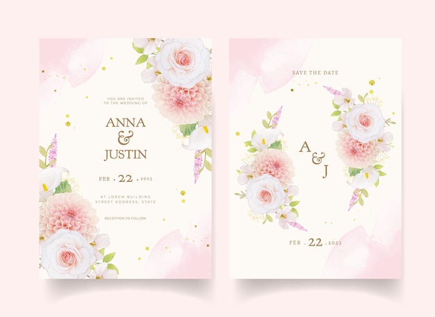 Wedding invitation with watercolor pink roses and dahlia