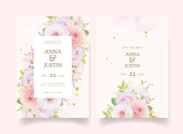 Wedding invitation with watercolor pink roses and dahlia