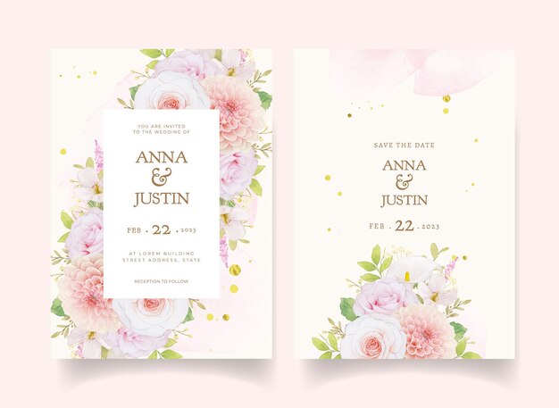 Wedding invitation with watercolor pink roses and dahlia