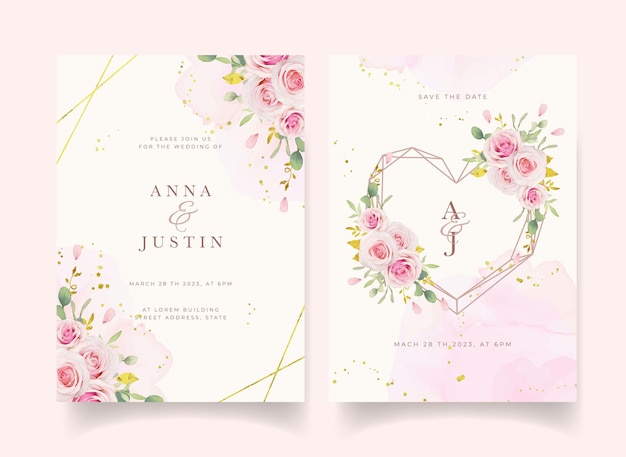 Free vector wedding invitation with watercolor pink roses and gold ornament