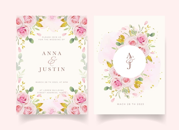 Free vector wedding invitation with watercolor pink roses and gold ornament