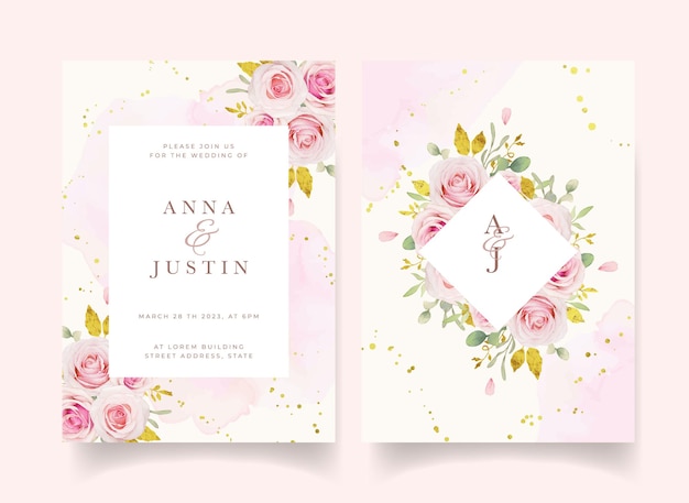 Wedding invitation with watercolor pink roses and gold ornament