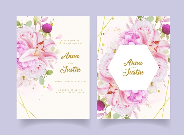 水彩ピンクのバラのアジサイとユリの結婚式の招待状 Premiumベクター