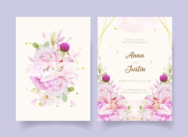 水彩ピンクのバラのアジサイとユリの結婚式の招待状 無料ベクター