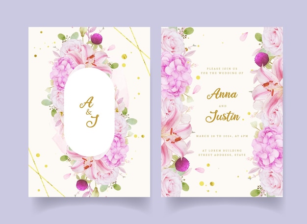 水彩​ピンク​の​バラ​の​アジサイ​と​ユリ​の​結婚式​の​招待状